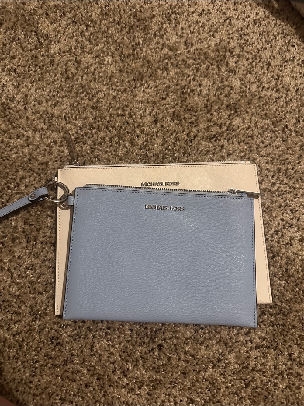 MICHAEL KORS Light Blue and Cream Double Zip Wristlet